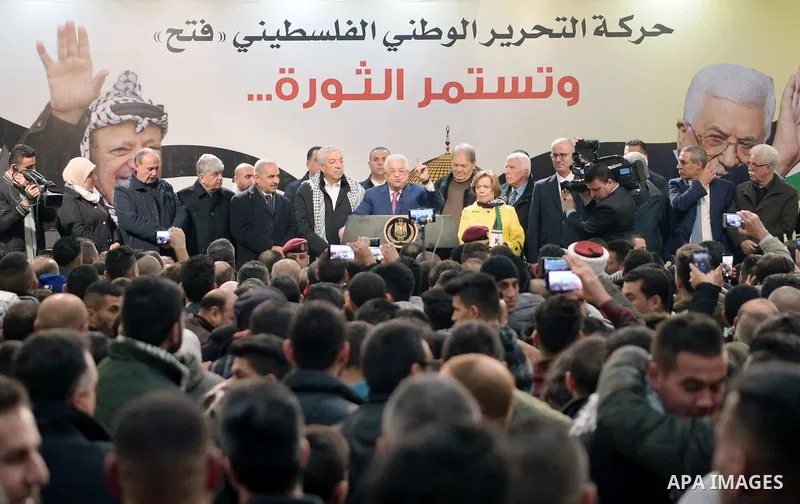 Palestinian President Mahmoud Abbas speaks during a ceremony marking the 54th anniversary of Fatah's founding, in the West Bank city of Ramallah, on December 31, 2018. Photo by Thaer Ganaim
