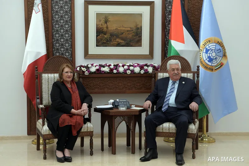 Palestinian President Mahmoud Abbas meets with Malta's President Marie-Louise Coleiro Preca, in the West Bank city Ramallah, on January 31, 2019. Photo by Thaer Ganaim
