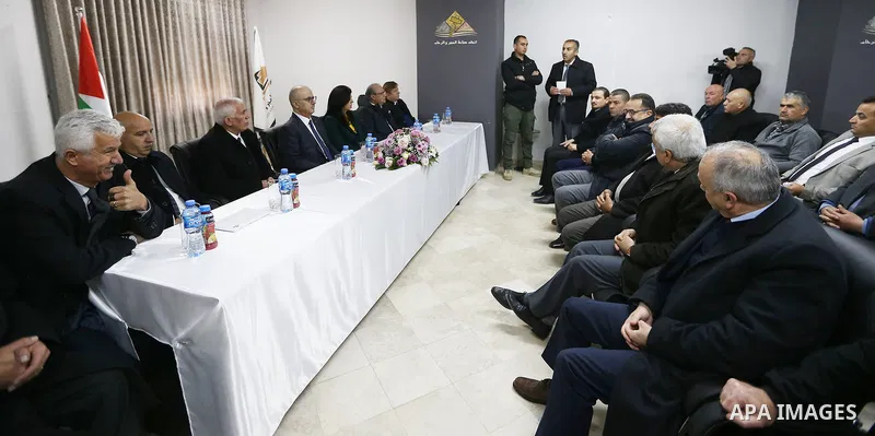 Palestinian Prime Minister Rami Hamdallah visits a stone factory in the West Bank village of Bani Naem, February 16 2019. Hamdallah's tour included visits to stone quarries and factories in the West Bank villages of Bani...