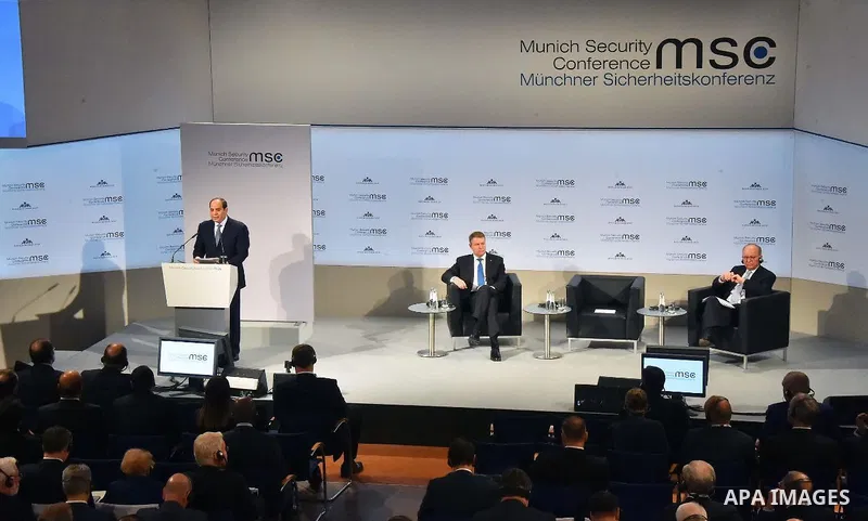 A handout picture released by the Egyptian Presidency shows Abdel Fatah al-Sisi, the President of the Arab Republic of Egypt and Chairperson of the African Union (AU), addressing the 55th Munich Security Conference (MSC)...
