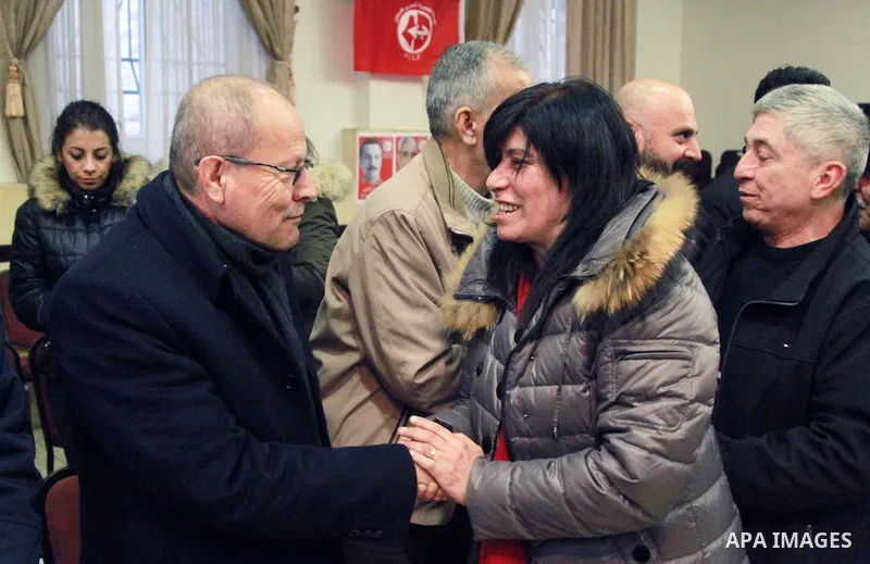 Popular Front for the Liberation of Palestine (PFLP) member Khalida Jarrar, 56, hugs a supporter, following her release from an Israeli jail, in the occupied West Bank city of Ramallah, on February 28, 2019. Israel relea...