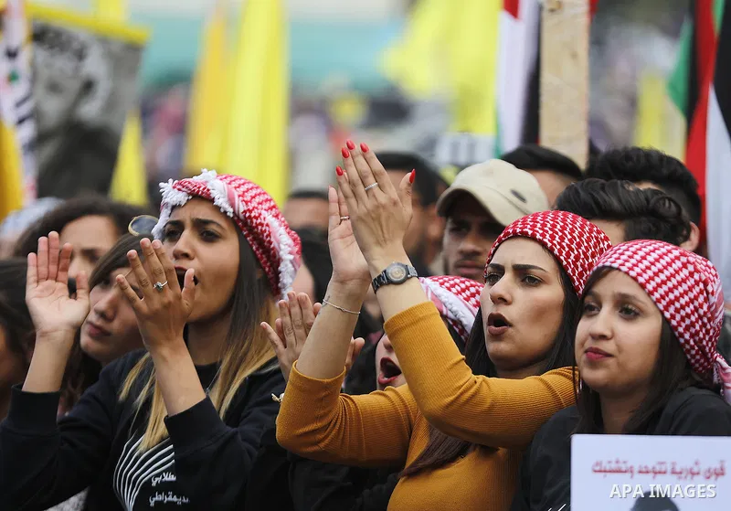 Palestinian students take part in a rally during an election campaign rally for the student council at the Birzeit University, near the West Bank city of Ramallah on April 16, 2019. Photo by Huthaifa Soror / WAFA/APAimag...