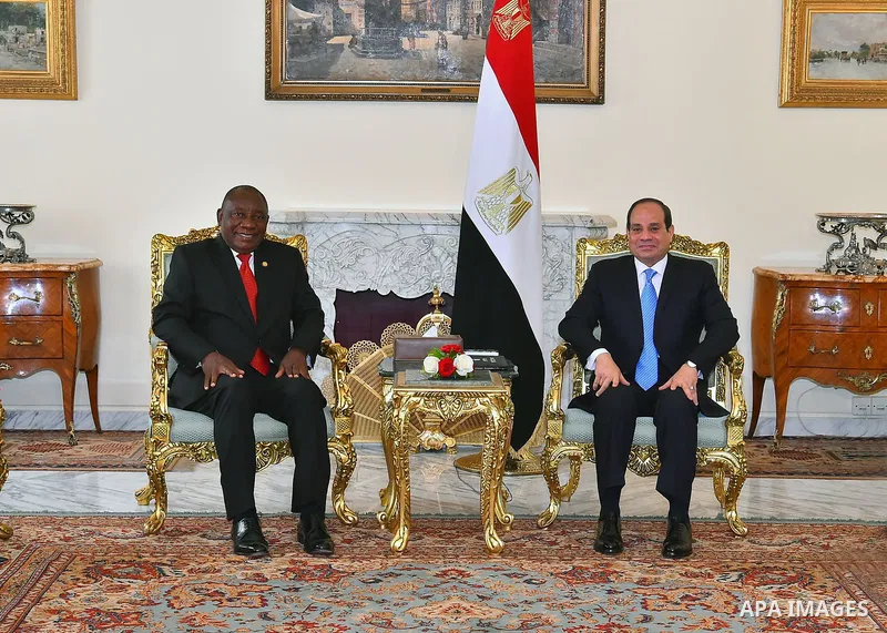 A handout picture provided by the Egyptian Presidency on April 23, 2019 shows Egyptian President Abdel Fattah al-Sisi (R) receiving South Africa's President Cyril Ramaphosa during summit talks with African leaders on the...