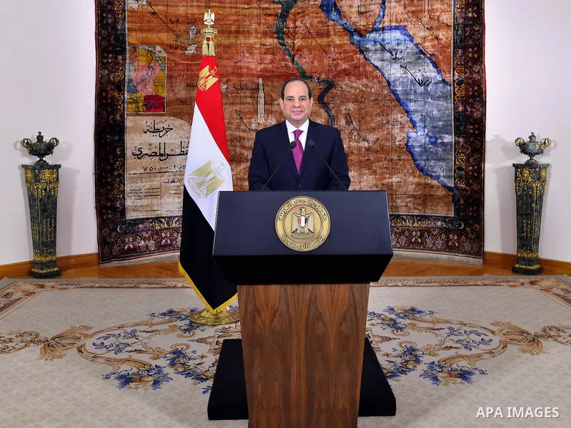 A handout picture provided by the Egyptian Presidency on April 25, 2019 shows Egyptian President Abdel Fattah al-Sisi give a speech during a ceremony of celebrating the 37th anniversary of the liberation of Sinai, in Cai...