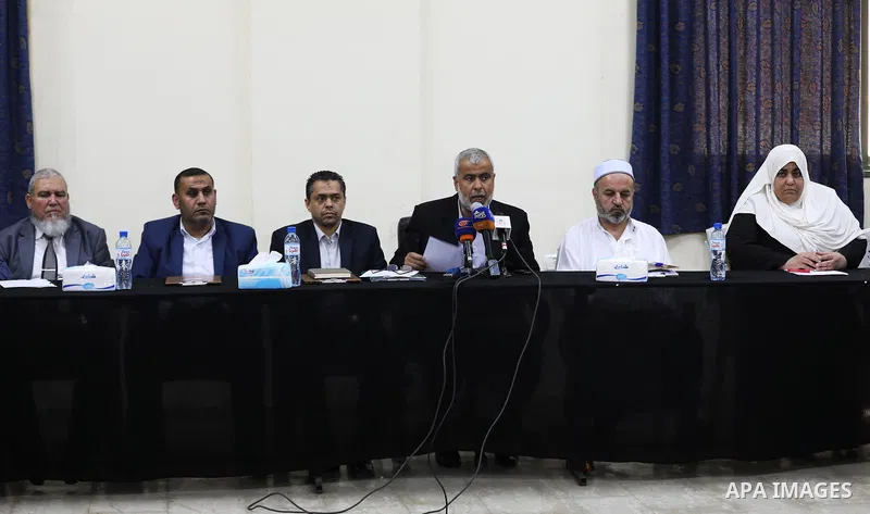 Khaled Abu Helal, secretary-general of al-Ahrar Movement speaks during a press conference discuss the US deal of the century, in Gaza city on April 30, 2019. Photo by Mahmoud Nasser