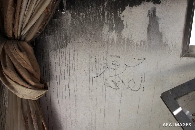The interior of the torched house of the Dawabshe family, which was burned by an Israeli settler, is seen at Duma village near the West Bank city of Nablus, May 13, 2019. An Israeli court dropped charges in an a plea dea...