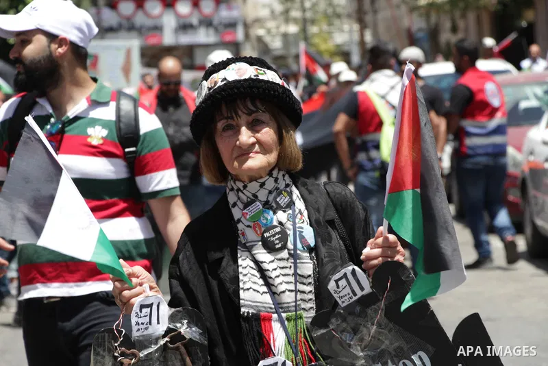 Palestinians take part in a rally marking the 71st anniversary of the "Nakba", in the West Bank city of Ramallah on May 15, 2019. The "Nakba," or catastrophe, commemorates the mass displacement of more than 700,000 Pales...