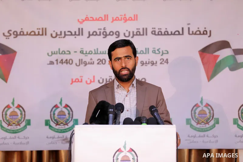 Leading Hamas member Mushir al-Masri speaks during a press conference in Gaza city on June 24, 2019. Hamas said that economic workshop in Bahrain is being held as part of US efforts to eliminate the Palestinian issue. Ph...