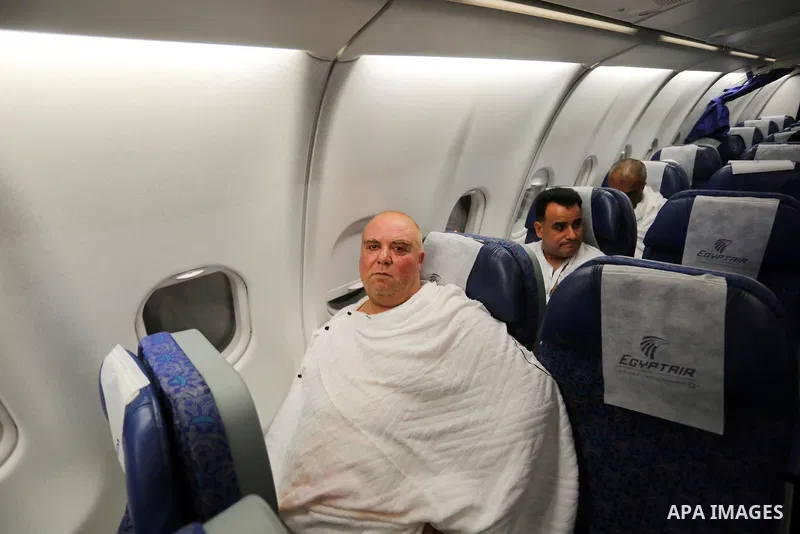 The journey of Palestinian pilgrims to attend the annual pilgrimage to Mecca (Hajj) from the Rafah crossing border to Jeddah airport through Egypt's Cairo airport, July 26, 2019. The Hajj (pilgrimage) is an annual Islami...