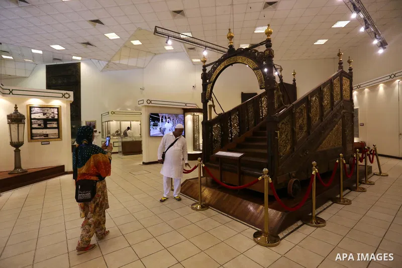 Muslim Pilgrims visit the Mecca Museum during the annual hajj pilgrimage in Mecca July 28, 2019. According to the Muslims holy book the Koran, the Kaaba was built by Abraham and his son Ismael, after Ismael had settled i...