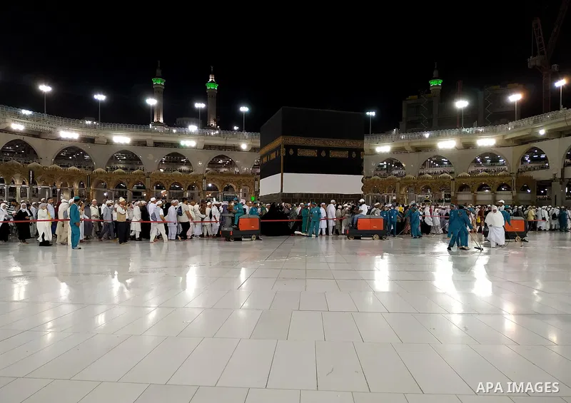 Workers clean the floor of the holy Kaaba at the Grand Mosque, during the annual hajj pilgrimage in Mecca July 31, 2019. According to the Muslims holy book the Koran, the Kaaba was built by Abraham and his son Ismael, af...