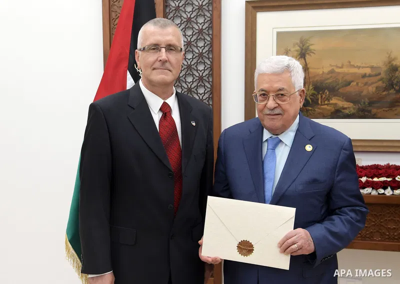 Palestinian President Mahmoud Abbas receives the credentials of the Ambassador of Slovenia to the State of Palestine, in the West Bank city of Ramallah, August 01, 2019. Photo by Thaer Ganaim
