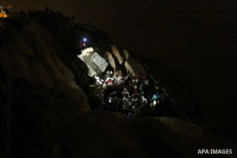 Muslim pilgrims pray at Mount Al-Noor during the annual haj pilgrimage in Mecca, on August 6, 2019. Mount Al-Noor houses Ghar-E-Hira or Hira cave, where Prophet Mohammad is said to have spent a great deal of time in the...