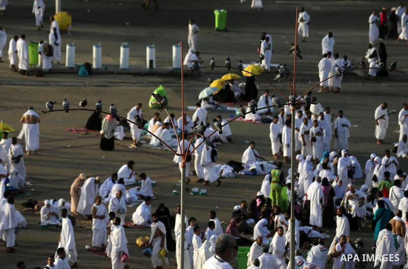 Muslim pilgrims pray on Mount Arafat, as Jabal al-Rahma near Mecca, as they take part in one of the Hajj rituals southeast of the Saudi holy city of Mecca on August 10, 2019. Arafat is the site where Muslims believe the...