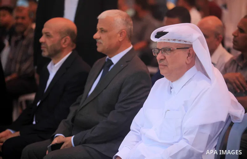 Qatar's Ambassador to the Palestinian Authority, Mohammed Al Emadi attends the foundation stone laying ceremony of the late Nora Rashid Al-Kaabi Dialysis Center project at Indonesian hospital in the northern Gaza Strip,...