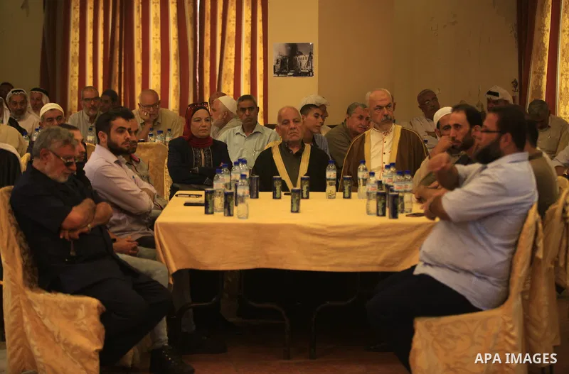 Palestinian supporters of Hamas movement, attend the National Conference in support of Jerusalem and Al - Aqsa to mark the 50th anniversary of the burning of Al-Aqsa Mosque, in Gaza city, on August 26, 2019. Photo by Mah...