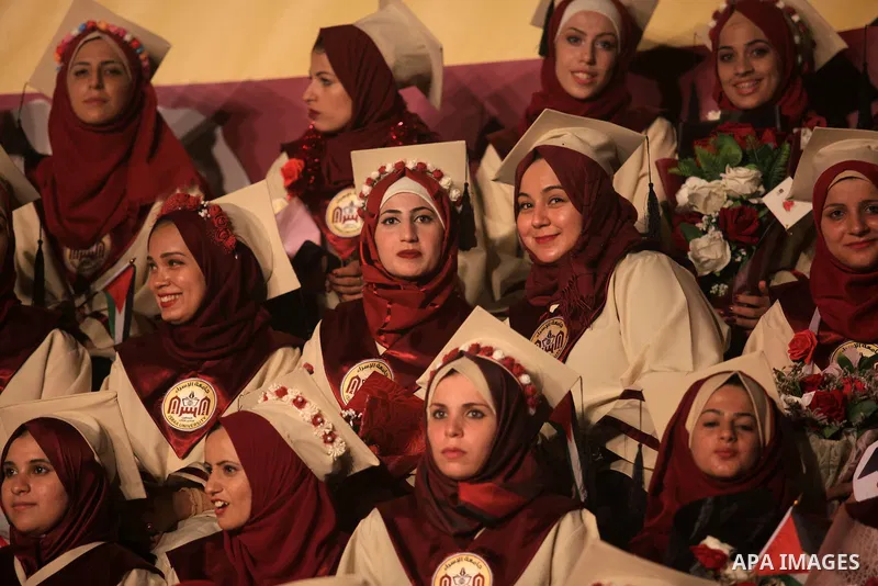 Palestinian students attend their graduation ceremony at al-Esraa University in Gaza city on August 29, 2019. Photo by Mahmoud Ajjour