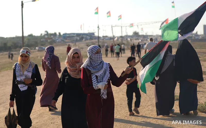 Palestinian gather at the tents protest where Palestinians demand the right to return to their homeland at the Israel-Gaza border, in the east of Gaza city, September 06, 2019. At least two Palestinians were killed and o...