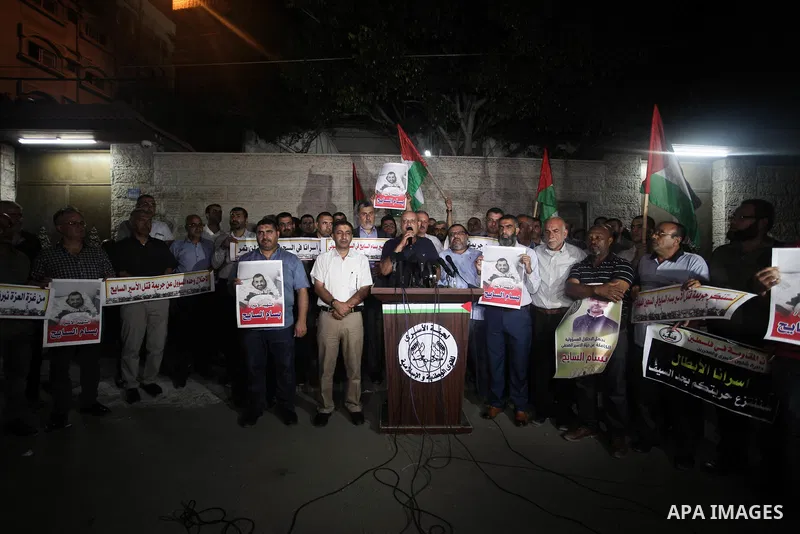 Palestinians take part in a protst against the death of the prisoner Bassam Al-Sayeh in the in the Israeli jails, outside the Red Cross headquarter in Gaza city, September 08, 2019. Al-Sayeh, 47, was detained in 2015 and...