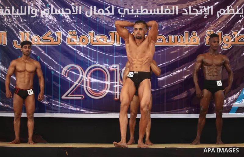 Palestinian contestants take part in the Palestine Bodybuilding Championship in Gaza city, on september 15, 2019. Photo by Mahmoud Ajjour
