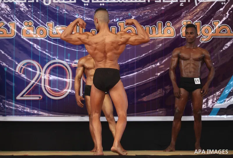Palestinian contestants take part in the Palestine Bodybuilding Championship in Gaza city, on september 15, 2019. Photo by Mahmoud Ajjour