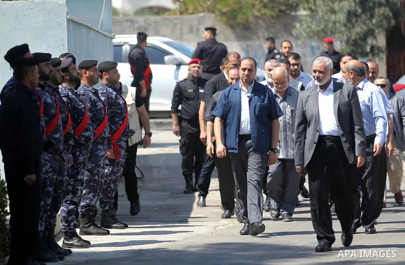 Palestinian Hamas chief in the Gaza strip Ismail Haniyeh, visits the Palestinian Police Station, in Gaza city on September 16, 2019. Photo by Hamas Media Office