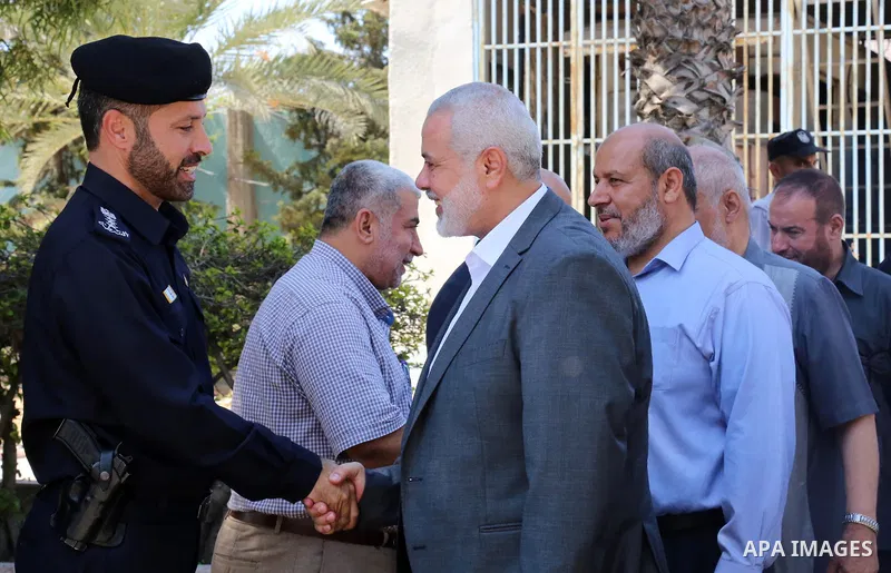 Palestinian Hamas chief in the Gaza strip Ismail Haniyeh, visits the Palestinian Police Station, in Gaza city on September 16, 2019. Photo by Hamas Media Office