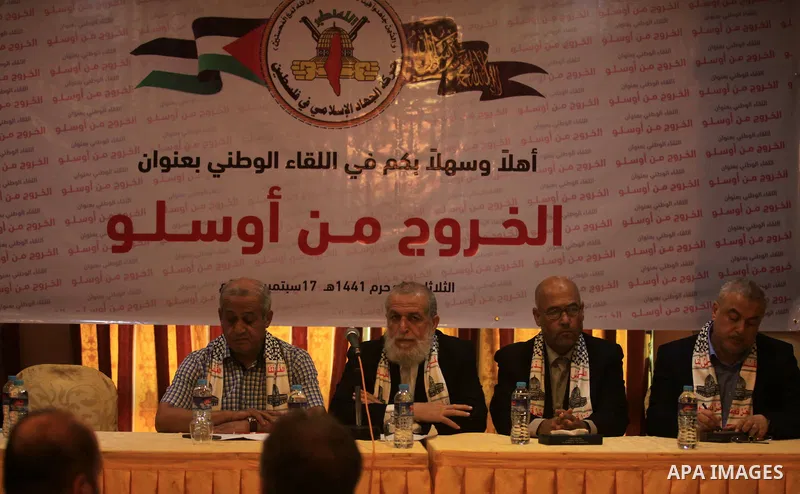 Palestinian leaders attend the national meeting coming out of Oslo in Gaza City, on September 17, 2019. Photo by Mahmoud Ajjour