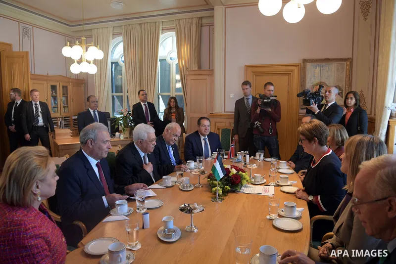 Palestinian President Mahmoud Abbas meets with the President Norwegian Parliament, in Oslo, on September 20, 2019. Photo by Thaer Ganaim