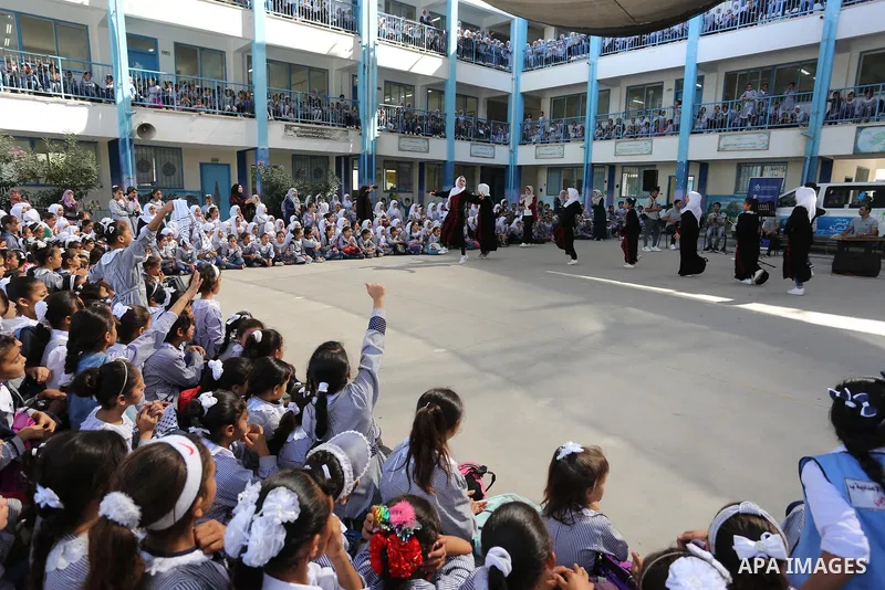 Palestinian students attend the Sea and Freedom Festival, at their school run by the United Nations Relief and Works Agency (UNRWA), in Beit Hanoun in the northern Gaza Strip, on September 26, 2019. Photo by Ashraf Amra