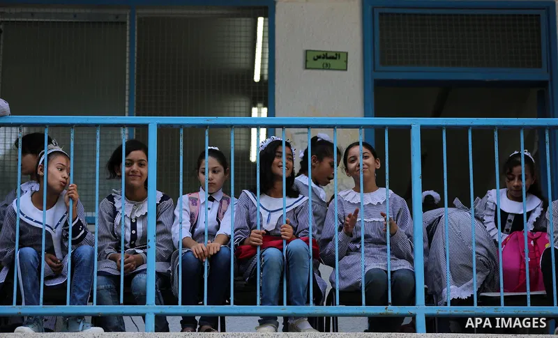 Palestinian students attend the Sea and Freedom Festival, at their school run by the United Nations Relief and Works Agency (UNRWA), in Beit Hanoun in the northern Gaza Strip, on September 26, 2019. Photo by Ashraf Amra