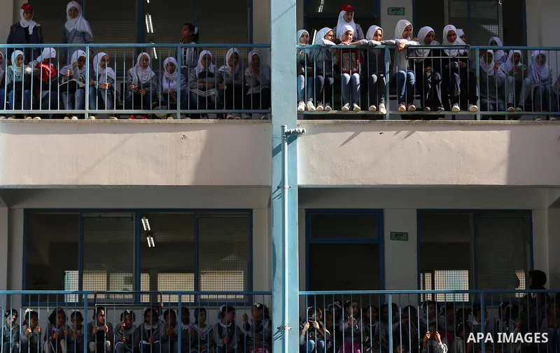 Palestinian students attend the Sea and Freedom Festival, at their school run by the United Nations Relief and Works Agency (UNRWA), in Beit Hanoun in the northern Gaza Strip, on September 26, 2019. Photo by Ashraf Amra