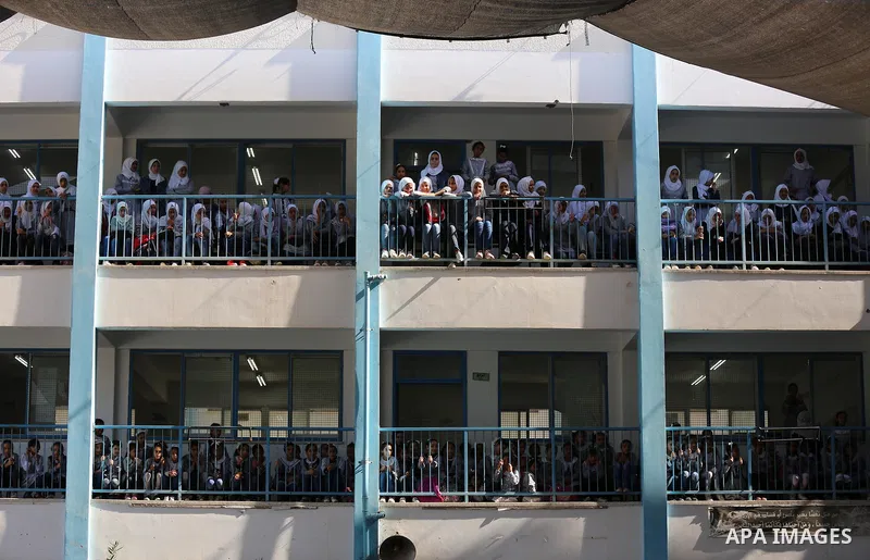 Palestinian students attend the Sea and Freedom Festival, at their school run by the United Nations Relief and Works Agency (UNRWA), in Beit Hanoun in the northern Gaza Strip, on September 26, 2019. Photo by Ashraf Amra