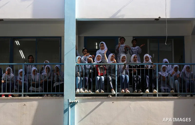 Palestinian students attend the Sea and Freedom Festival, at their school run by the United Nations Relief and Works Agency (UNRWA), in Beit Hanoun in the northern Gaza Strip, on September 26, 2019. Photo by Ashraf Amra