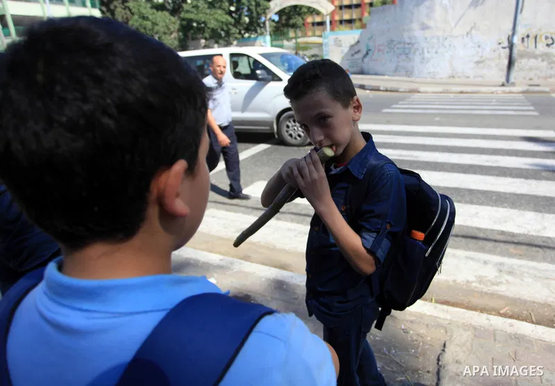 A Palestinian man sells sugar cane to students at a street, in Gaza city, on October 2, 2019. Photo by Mahmoud Ajjour