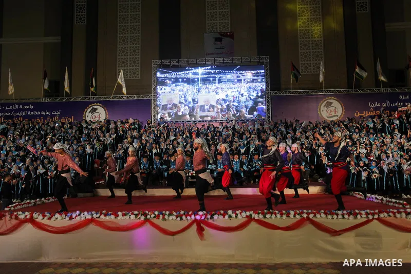 Palestinian students attend their graduation ceremony at al-Azhar University in Gaza city on October 31, 2019. Photo by Mahmoud Ajjour