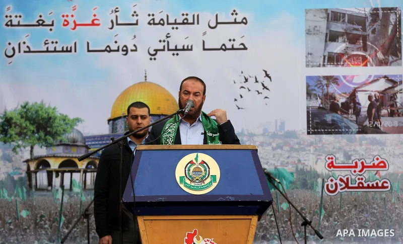 Palestinian Hamas supporters gather to attend a Hamas rally marking the 32th anniversary of the Islamist movement's founding In Jabalia, northern Gaza Strip, on December 13, 2019. Photo by Mahmoud Nasser