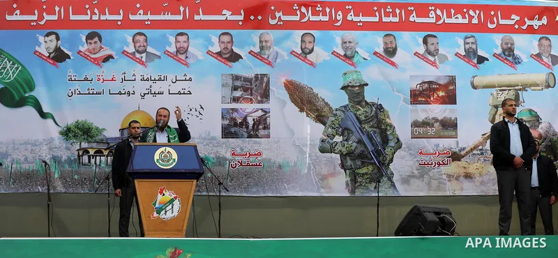 Palestinian Hamas supporters gather to attend a Hamas rally marking the 32th anniversary of the Islamist movement's founding In Jabalia, northern Gaza Strip, on December 13, 2019. Photo by Mahmoud Nasser