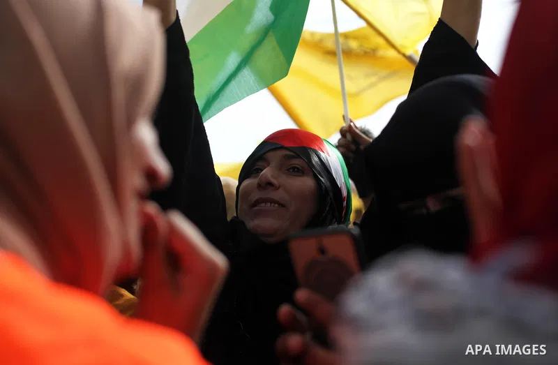 Palestinian supporters of the Fatah movement take part during a rally in Gaza City on January 01, 2020, marking the 55th anniversary of the creation of the political party. Photo by Mahmoud Ajjour