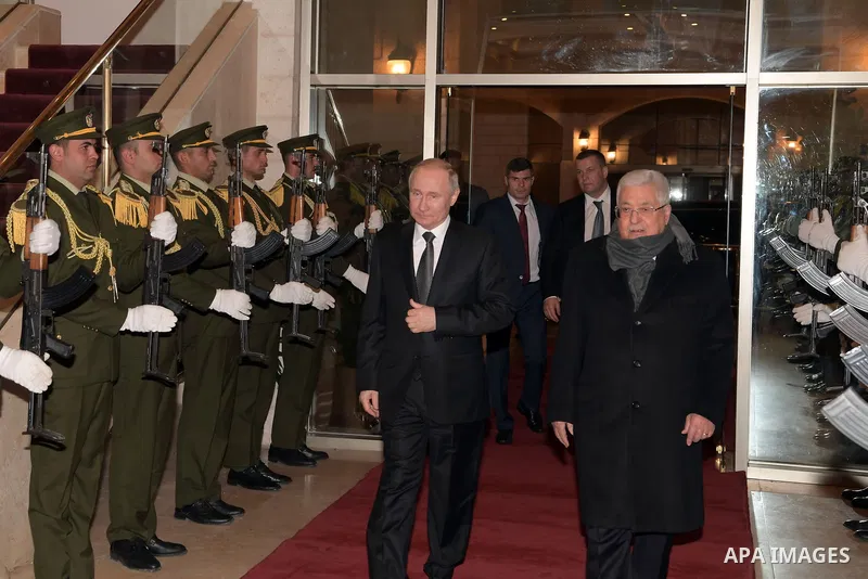 Palestinian President Mahmoud Abbas, meets with Russian President Vladimir Putin, in the West Bank city of Ramallah, on January 23, 2020. Photo by Thaer Ganaim