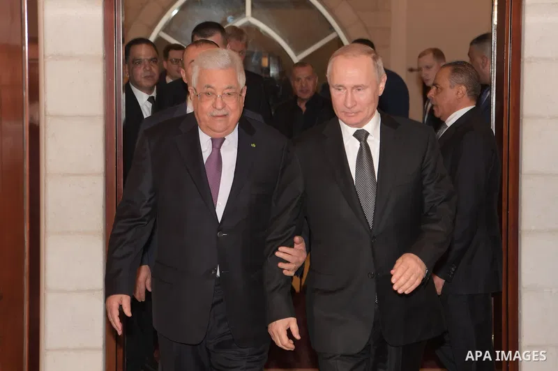 Palestinian President Mahmoud Abbas, meets with Russian President Vladimir Putin, in the West Bank city of Ramallah, on January 23, 2020. Photo by Thaer Ganaim