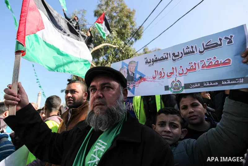 Palestinians demonstrators take part in a protest against US President Donald Trump's Century Deal "expected peace plan" in Jabalia, northern Gaza Strip on January 31, 2020. Donald Trump has launched his “ultimate deal”...