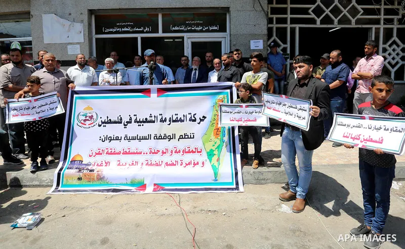 palestinians take part in a protest against Israel's plan to annex parts of the occupied territory and against US President Donald Trump's Century Deal "expected peace plan", in Gaza city on June 27, 2020. Israel intends...