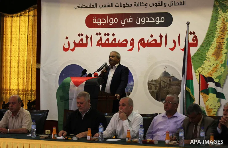 Palestinian members of the National and Islamic forces attend a national meeting against Israel's plan to annex parts of the occupied territory and against US President Donald Trump's Century Deal "expected peace plan",...