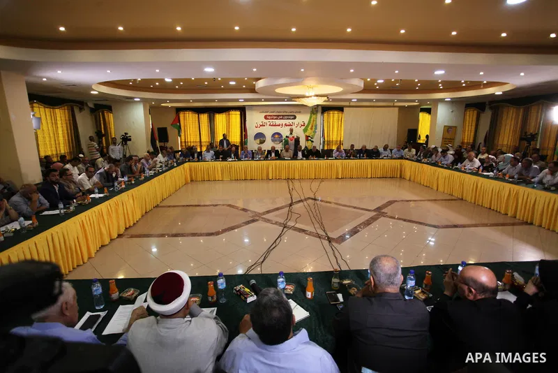 Palestinian members of the National and Islamic forces attend a national meeting against Israel's plan to annex parts of the occupied territory and against US President Donald Trump's Century Deal "expected peace plan",...