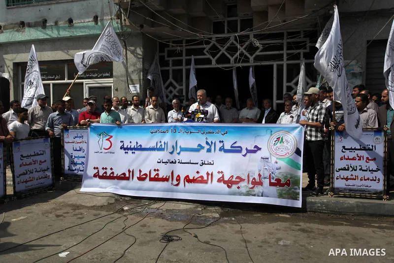 Palestinian supporters of Al-Ahrar movement, take part in a protest against Israel's plans to annex parts of the occupied West Bank, in Gaza city, on June 30, 2020. Israel aims to begin a process of annexing West Bank se...