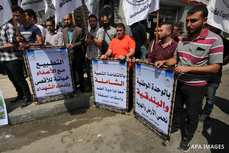 Palestinian supporters of Al-Ahrar movement, take part in a protest against Israel's plans to annex parts of the occupied West Bank, in Gaza city, on June 30, 2020. Israel aims to begin a process of annexing West Bank se...
