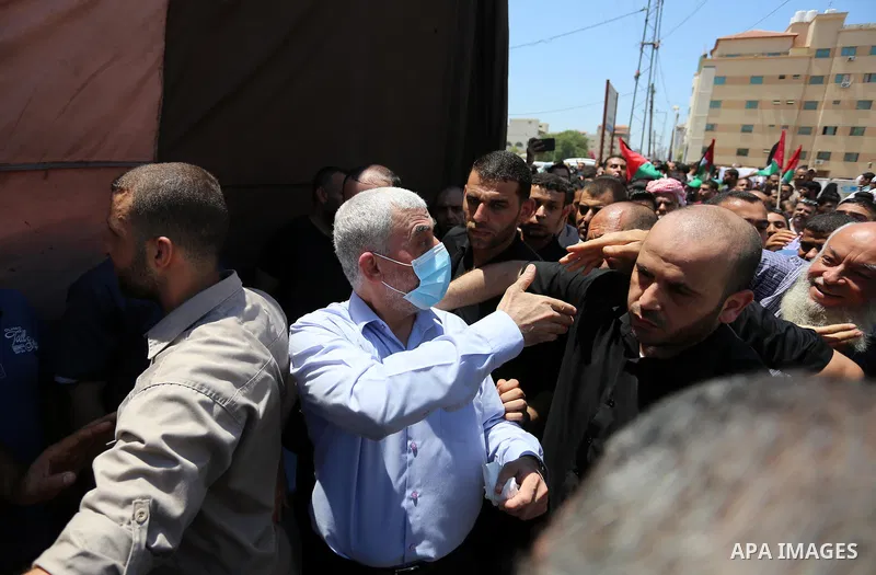 Hamas leader in the Gaza Strip Yahya Sinwar, wearing protective face mask attends a demonstration against Israel's West Bank annexation plans in Gaza City on July 1, 2020. Israel's Prime Minister Benjamin Netanyahu, embo...