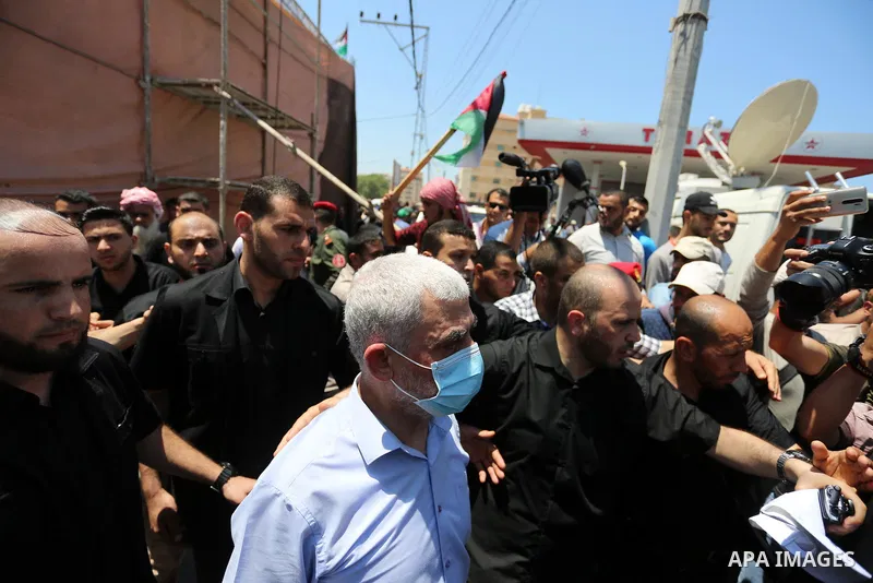 Hamas leader in the Gaza Strip Yahya Sinwar, wearing protective face mask attends a demonstration against Israel's West Bank annexation plans in Gaza City on July 1, 2020. Israel's Prime Minister Benjamin Netanyahu, embo...