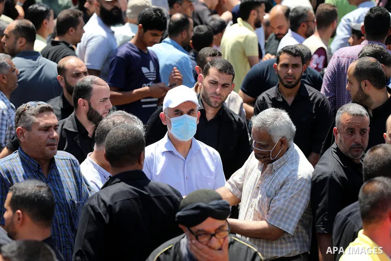 Hamas leader in the Gaza Strip Yahya Sinwar, wearing protective face mask attends a demonstration against Israel's West Bank annexation plans in Gaza City on July 1, 2020. Israel's Prime Minister Benjamin Netanyahu, embo...
